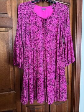 Vince Camuto 1X Hot Pink Black Leopard Tiered Swing Dress NEW NWT